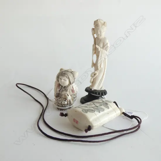 3 SM JAPANESE ITEMS; IVORY STYLE INRO & NETSUKE & IVORY OKIMONO (H 110MM) A/F