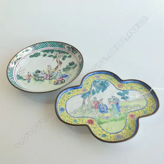 2 CANTON ENAMEL SAUCER DISHES.