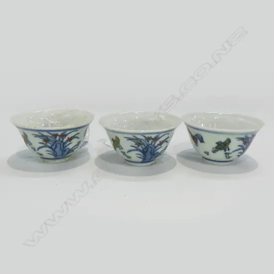 3 CHINESE "CHICKEN" TEA BOWLS. BLUE, RED, YELLOW & WHITE