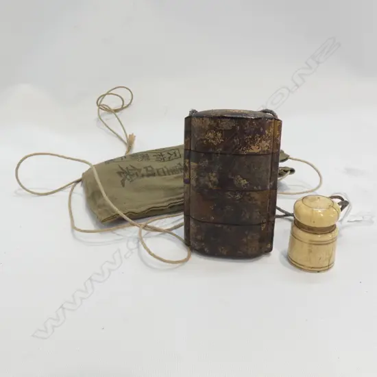 OLD JAPANESE INRO WITH BONE NETSUKE, IN CLOTH BAG