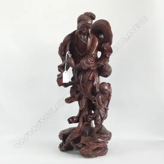 LG WOODEN CARVED ORIENTAL FIGURE - MAN & BOY H. 420MM 