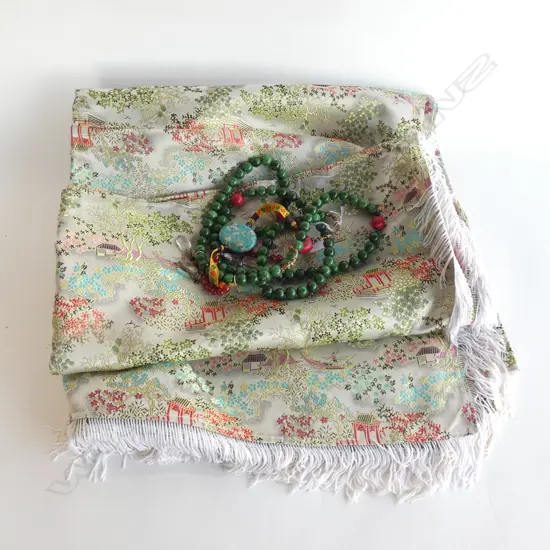 LARGE CHINESE EMBROIDERED SATIN THROW/TABLECLOTH 1780mm x 2100mm, AND MODERN COURT BEADS.