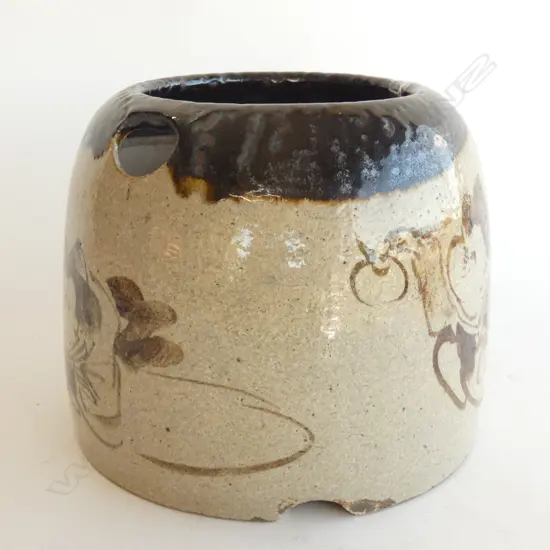 JAPANESE POTTERY HIBACHI, DECORATED WITH CHILD AND PERSIMMON