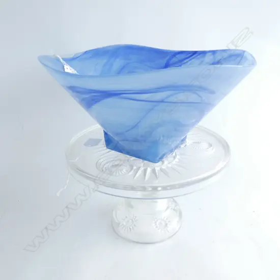 2 VINTAGE GLASS ITEMS. BLUE SWIRL BOWL + MOULDED TAZZA