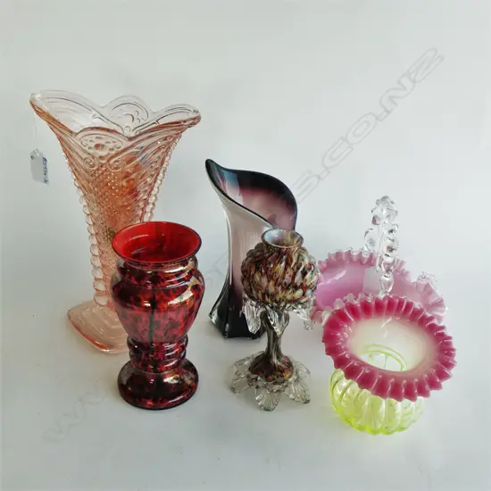 6 ASST COLOURED GLASS VASES; SOME VINTAGE - LARGEST H. 260MM