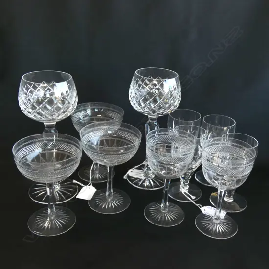 11 ASST CRYST STEMMED GLASSES; 3 DESIGNS; CHAMPAGNE / WINE/ SHERRY ETC.