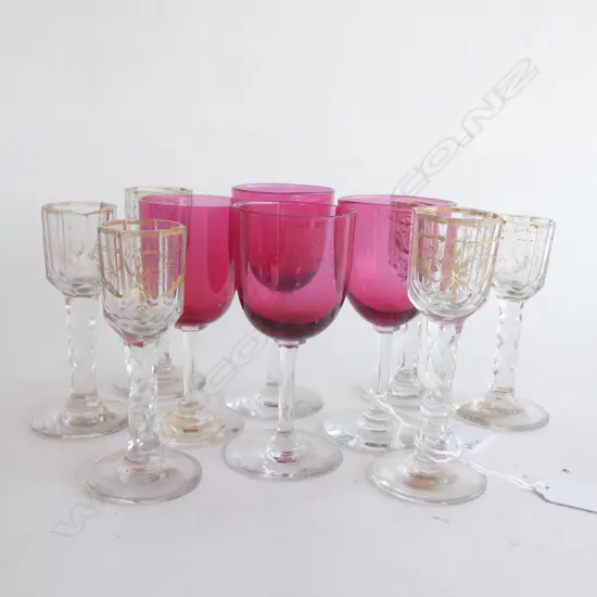 4 RUBY GLASS SM WINE GLASSES (H 120MM) C1900 + 6 LATE 18THC STEMMED GLASSES (H 120MM) SOME A/F....