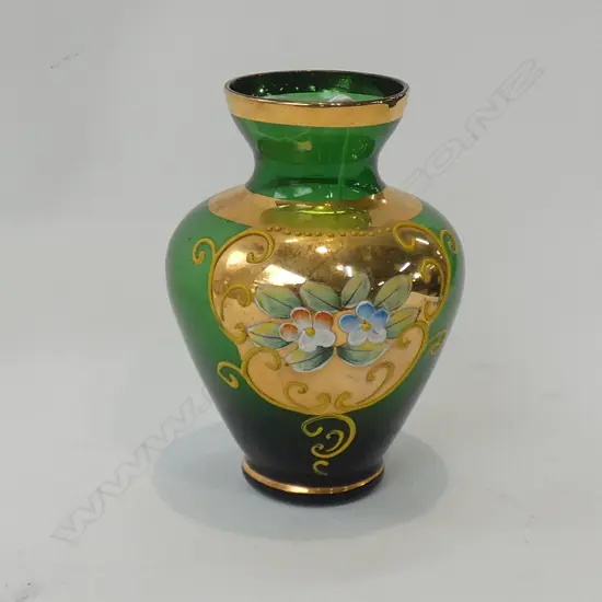 GREEN & GOLD GILDED VENETIAN GLASS VASE H 140MM