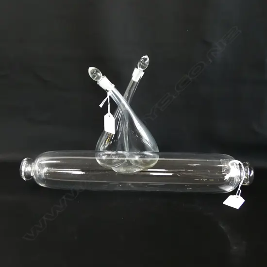 OLD GLASS ROLLING PIN L 360MM & PR ENTWINED GLASS DRESSING BOTTLES W STOPPER S