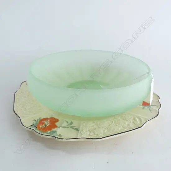 GREEN GLASS ART DECO BOWL (DIA 175MM) + MYOTT STAFFORDSHIRE PLATE (DIA225MM)