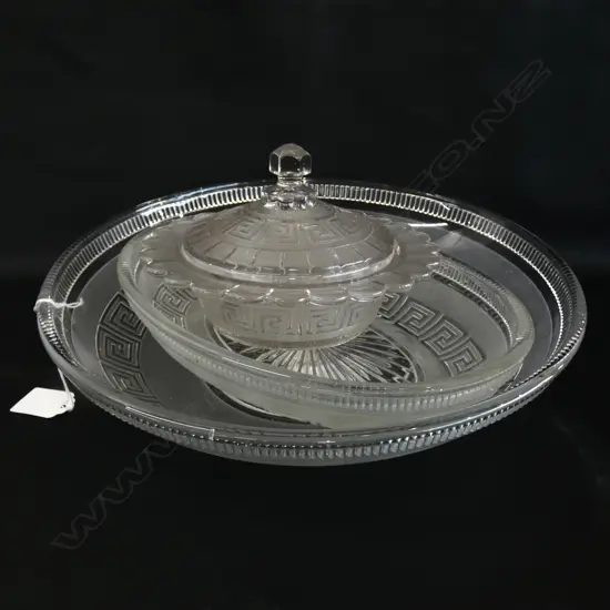 3 PC VINTAGE GREEK PATTERN  HEAVY GLASS PCS; LG BOWL (DIA 307MM) OVAL BOWL & CHEESE DISH WITH COVER )