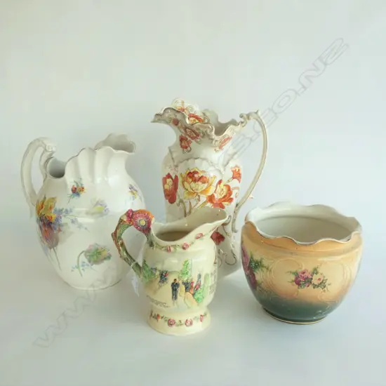 TWO LG JUGS, ONE ROYAL DOULTON (H310) BOTH A/F + OLD JARDINIERE (DIA 205MM) + MUSICAL JUG (WORKING)