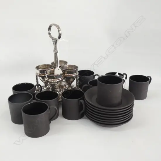 8 BLACK JASPERWARE DEMI CUPS & SAUCERS + 2 SPARE CUPS & ORNATE SILVER PLATE EGG CUP HOLDER W 4 CUPS