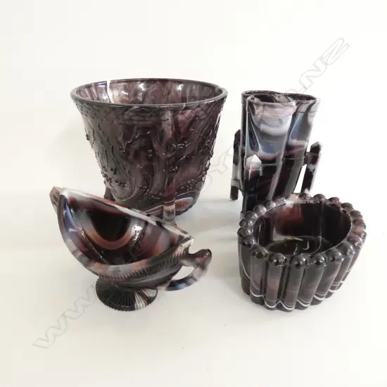 4 PCS SLAG GLASS; 3 VASES (LARGEST H 105MM & TRINKET DISH L 90MM