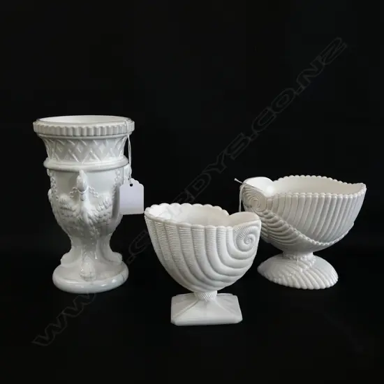 3 ASST VINTAGE WHITE GLASS VASES; 2 SNAIL SHAPE & ONE W BIRDS H. 170MM