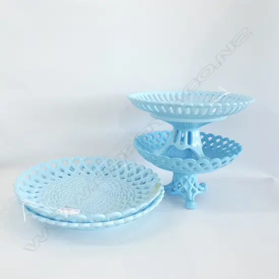 PR VINTAGE BLUE GLASS PIERCED FOOTED PLATES + 2 PIECED PLATES DIA 245MM