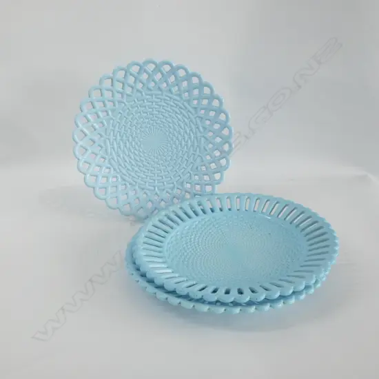 3 VICTORIAN BLUE GLASS PIERCED PLATES; 1 PR RD NOS DIA 225MM