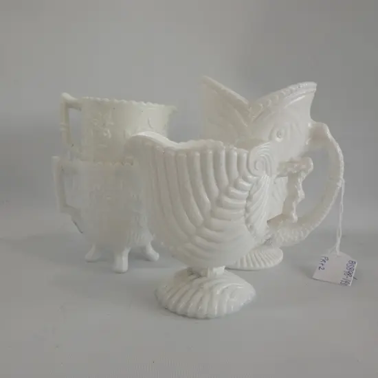 ASST VINTAGE WHITE GLASS JUGS; 1 PR (H75MM) + 1 FISH SHAPE (H130MM) & SNAIL SHAPE (H95MM)