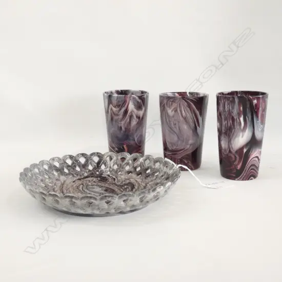 THREE VINTAGE SLAG GLASSES  (H. 120MM) + PIERCED SLAG DISH DIA 200MM