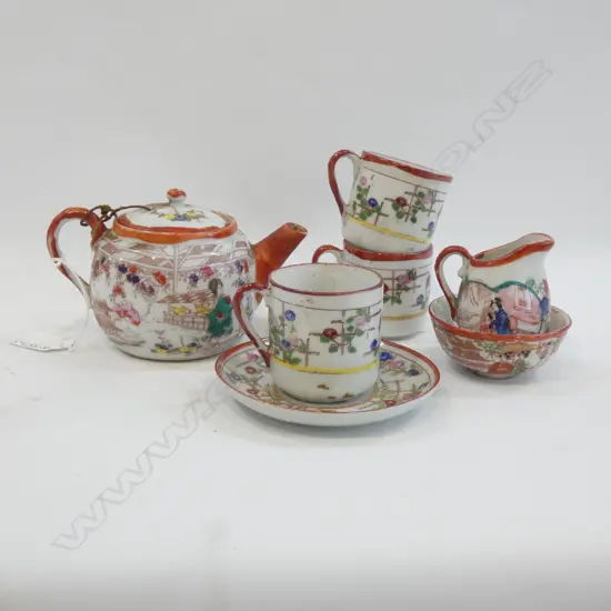 ORIENTAL PART TEA SET; TEAPOT, TRIO, 3 CUPS, JUG & BOWL