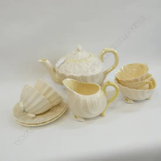 9 PCE BELLEEK TEA SET; TEAPOT, MILK, SUGAR, 4 CUPS, 2 SAUCERS