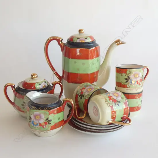 11 PC JAPANESE HAND PAINTED DEMITASSE COFFEE SET; COFFEE POT, 4 C&S, JUG & BOWL