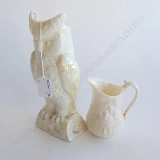BELLEEK OWL VASE (H 205MM) + SM MILK JUG (H 100MM)