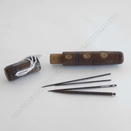 ANTIQUE NEEDLE CASE TURNED & PAINTED + NEEDLES L.125mm