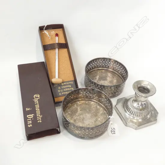 PR SILVER PLATE WINE COASTERS / CANDLE HOLDER & BOXED WINE THERMOMETER 