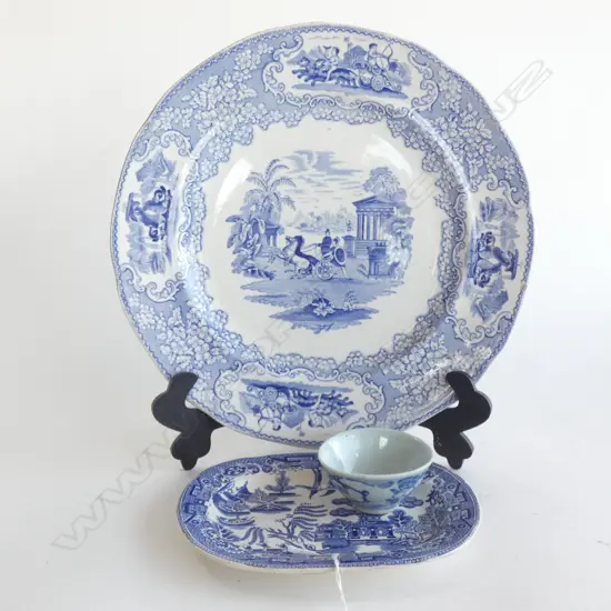 VINTAGE BLUE & WHITE CHINA; SM VICTORIAN PLATE / DINNER PLATE C1870 & SM ORIENTAL BOWL (CHINESE OR ENGLISH COPY)...