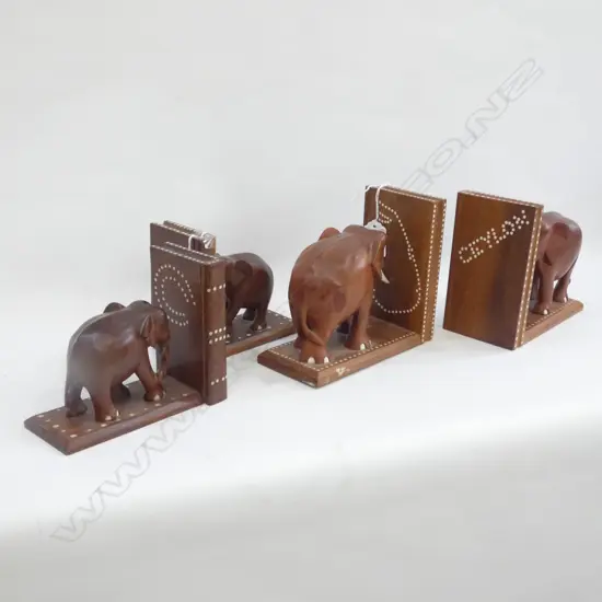WOODEN ELEPHANT BOOKENDS; ONE PR SM & ONE LG CEYLON