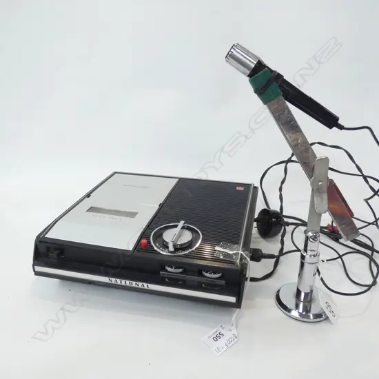 OLD NATIONAL SOLID STATE CASSETTE RECORDER + MICROPHONE ON STAND 