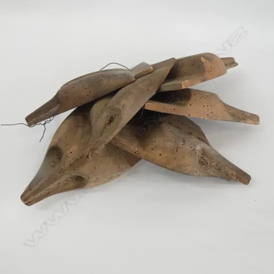 SET 6 VINTAGE WOODEN FOX HEADS (OLD BORER HOLES) LARGEST H 200MM