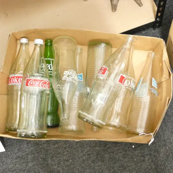 BOX 9 VINTAGE COKE FANTA & LEED LG SOFT DRINK GLASS BOTTLES 