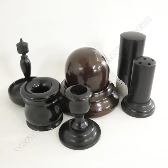 6 EBONY WOOD PCS INCL CANDLE HOLDER + WOOD & GLASS INKWELL ETC..