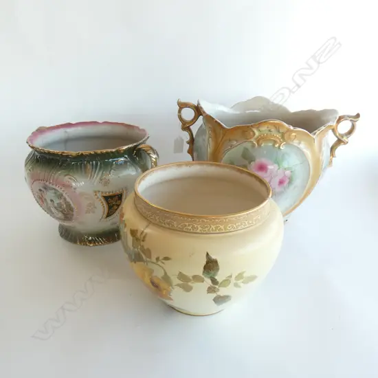 THREE LG JARDINIERES - LARGEST DIA 340 H 250MM some a/f