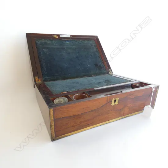 WOODEN WRITING SLOPE - BRASS RIMS - INCL SOME CONTENTS 355 X 230 X 125MM