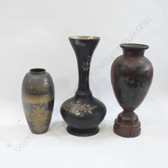 3 OLD METAL / BRASS & BRONZE INLAID VASES H 240MM 