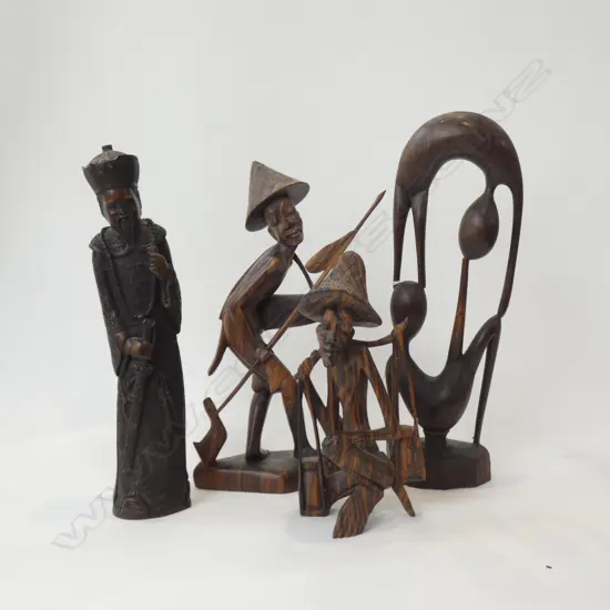 ORIENTAL FIGURES; 2 WOODEN / 1 RESIN + 1 OTHER WOODEN FIGURE  H 320MM