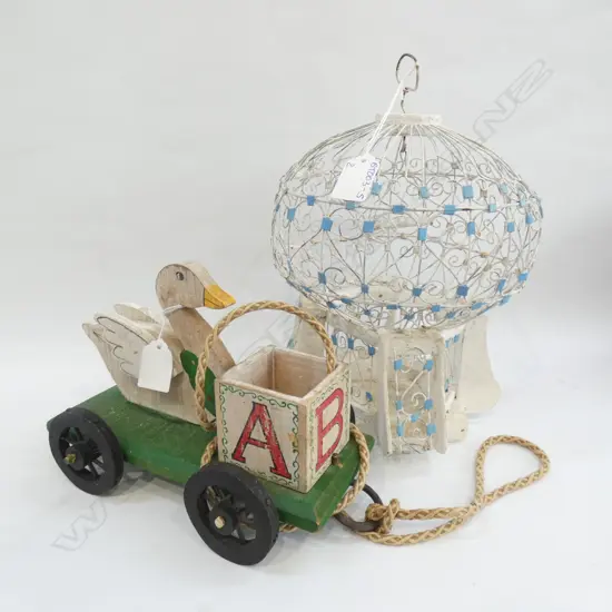 SM DECORATIVE BLUE & WHITE BIRD CAGE (H 310MM) & OLD PULL-ALONG DUCK TOY CART L 