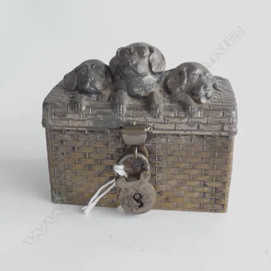 EARLY 20THC METAL MONEY BOX 3 DOGS IN A BASKET