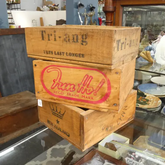 THREE STENCILLED WOODEN ADVERTISING BOXES (TRI-ANG/CROWN LYNN & FUN HO) 315 X 340MM