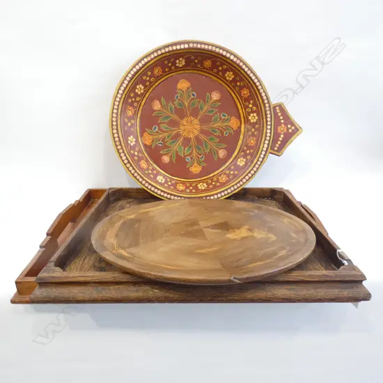 4 WOODEN TRAYS; 1 PAINTED, 2 INLAID & 1 OAK 510 X 350MM
