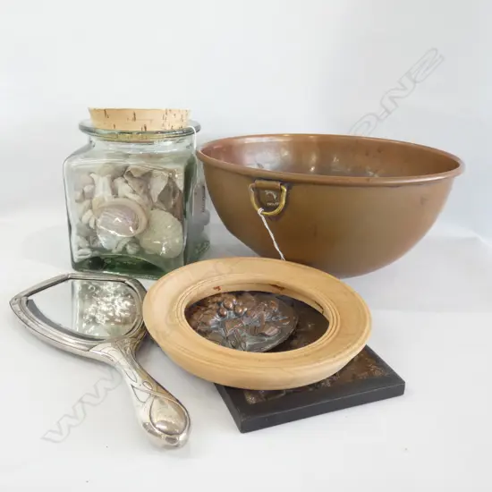 OLD COPPER BOWL (DIA 265) (DENT) 1 COPPER & 1 BRASS FRAMED ART & CHROME HAND MIRROR + JAR SHELLS