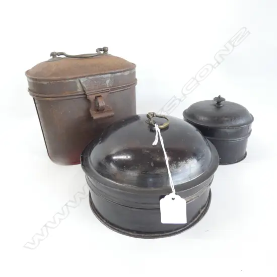 3 VINTAGE METAL CANISTERS INCL TEA CADDY W SCOOP L 168MM