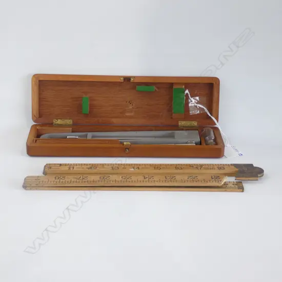 NEGRETTI & ZAMBRA WOODEN CASED THERMOMETER & OLD WOODEN FOLDING RULER