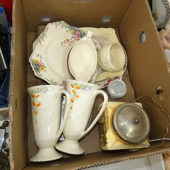BOX LOT ASST VINTAGE CHINA; JUGS / BISCUIT BARRET ETC..
