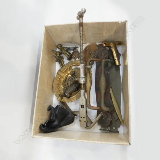 BOX LOT ASST. METAL WARE; HANDLES, CORK SCREWS ETC