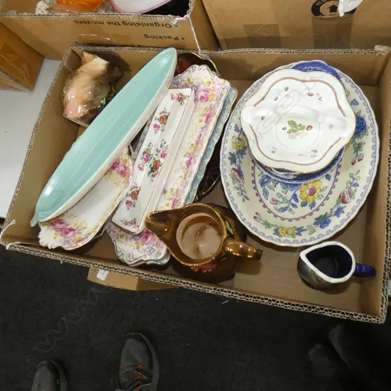 BOX LOT ASST. CERAMICS; MASONS, POOLE, ROYAL ALBERT ETC