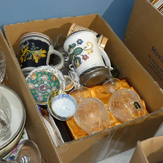 BOX LOT ASST. CERAMICS; TANKARDS ETC
